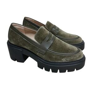 Stuart Weitzman Soho Olive Green Velvet Lug Sole Platform Loafers Women's 8 B